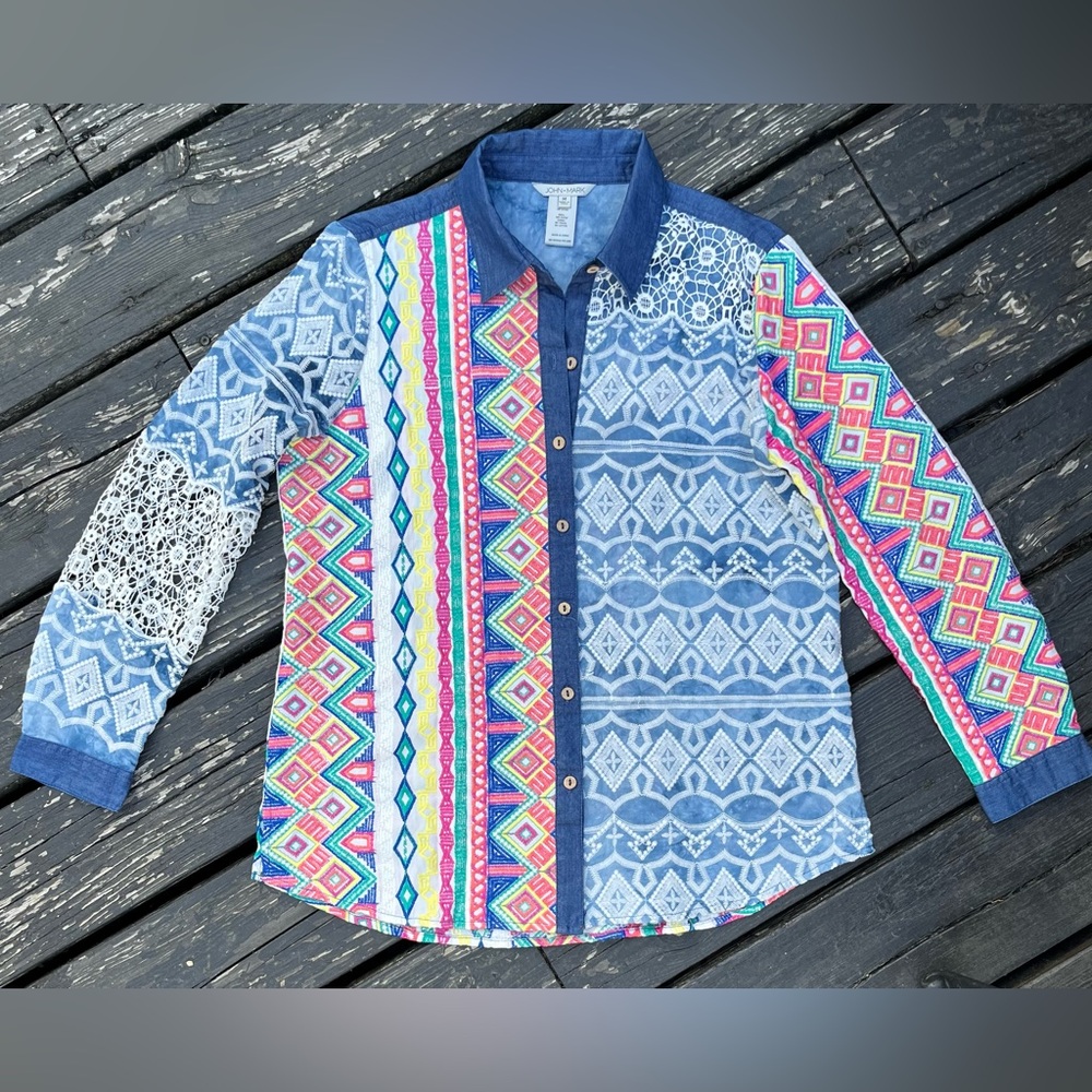 John Mark Women’s Button Down Shirt Multicoloured Embroidered Denim Shirt Size M